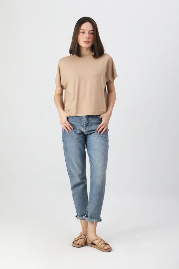 Pamuklu Kısa Kollu Tişört Camel - 2