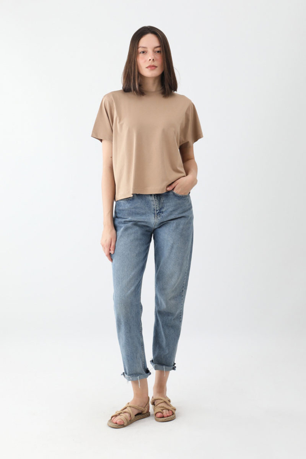 Pamuklu Kısa Kollu Tişört Camel - 3