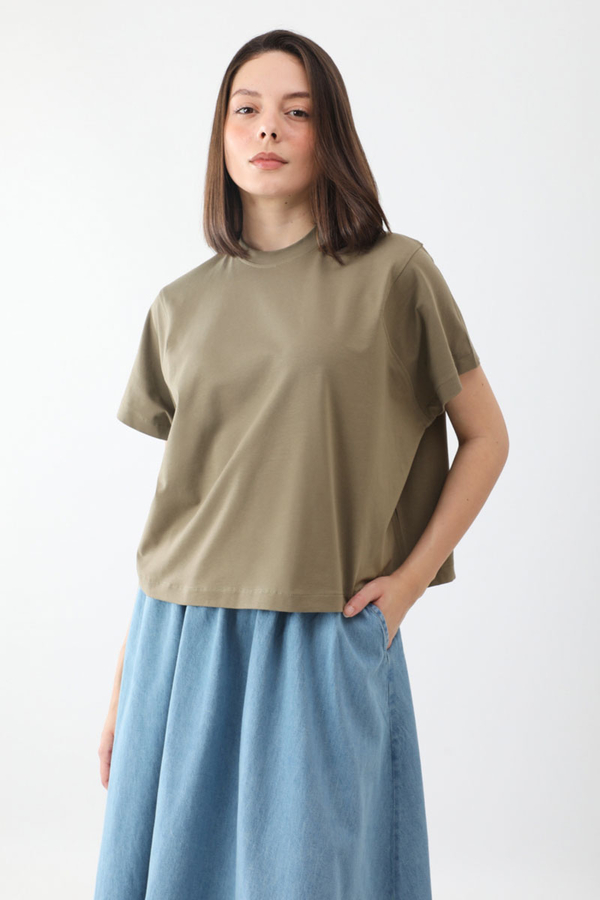 Pamuklu Kısa Kollu Tişört Haki - 3