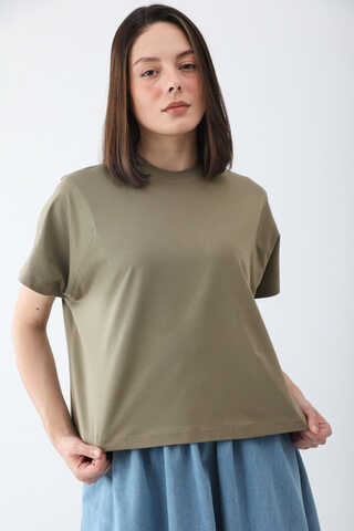 Pamuklu Kısa Kollu Tişört Haki - 4