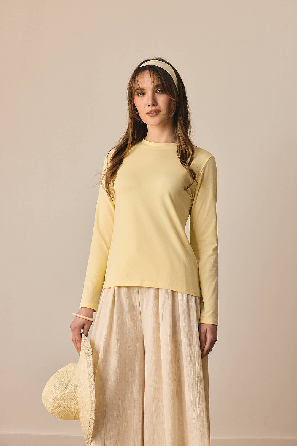 Pamuklu Uzun Kollu Body Açık Sarı 