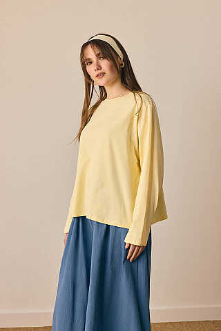 Pamuklu Uzun Kollu Tişört Açık Sarı - 1