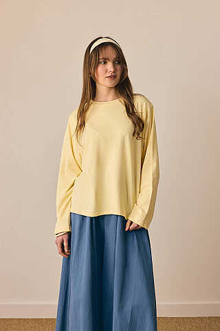Pamuklu Uzun Kollu Tişört Açık Sarı - 7