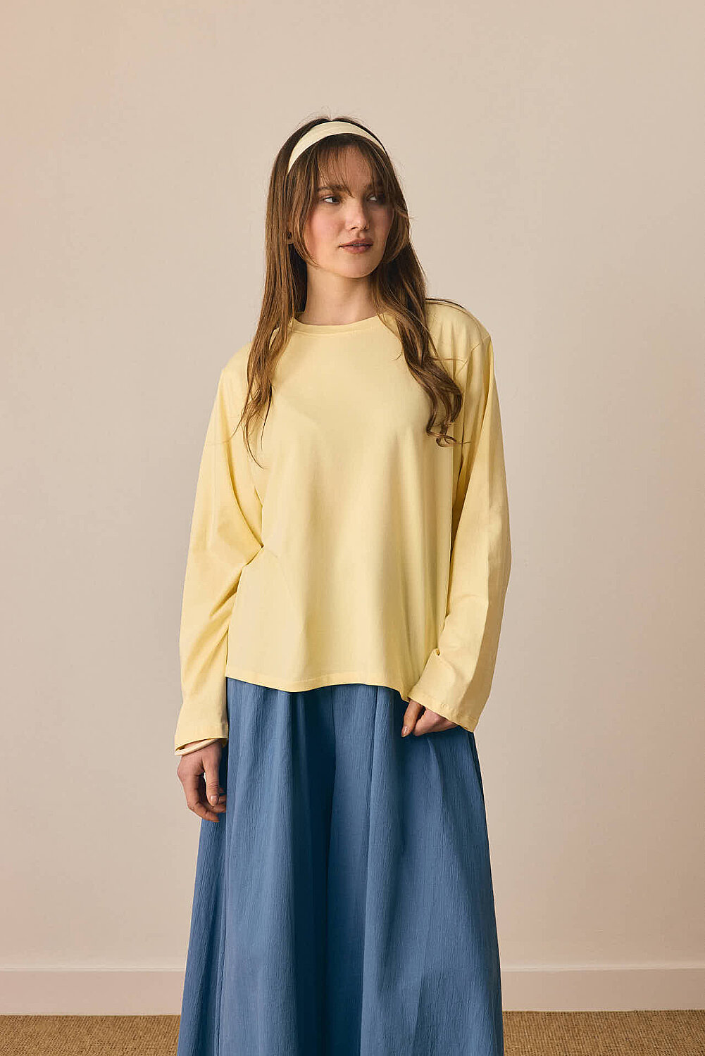 Pamuklu Uzun Kollu Tişört Açık Sarı - 7