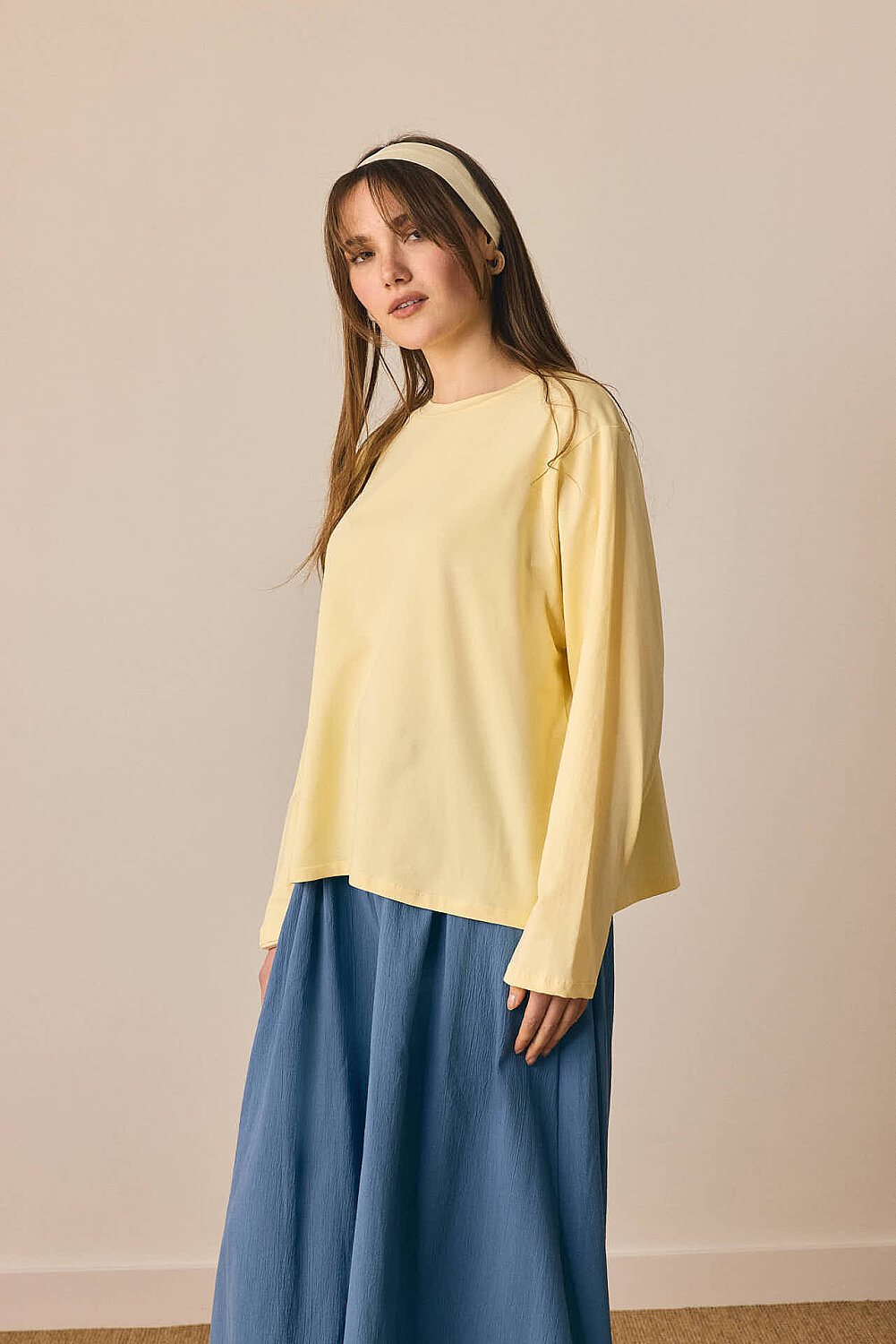 Pamuklu Uzun Kollu Tişört Açık Sarı 