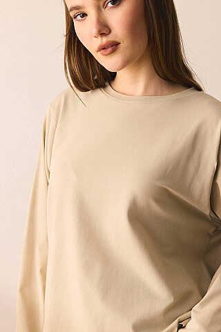 Pamuklu Uzun Kollu Tişört Bej - 1