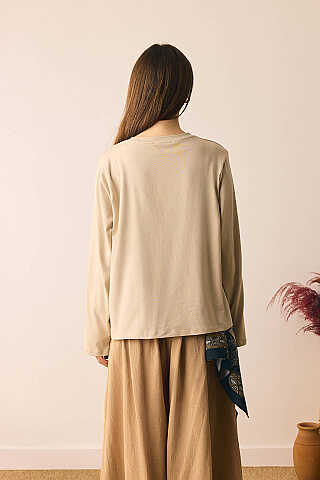 Pamuklu Uzun Kollu Tişört Bej - 4