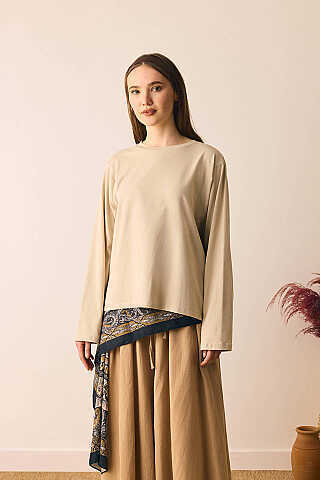 Pamuklu Uzun Kollu Tişört Bej - 5