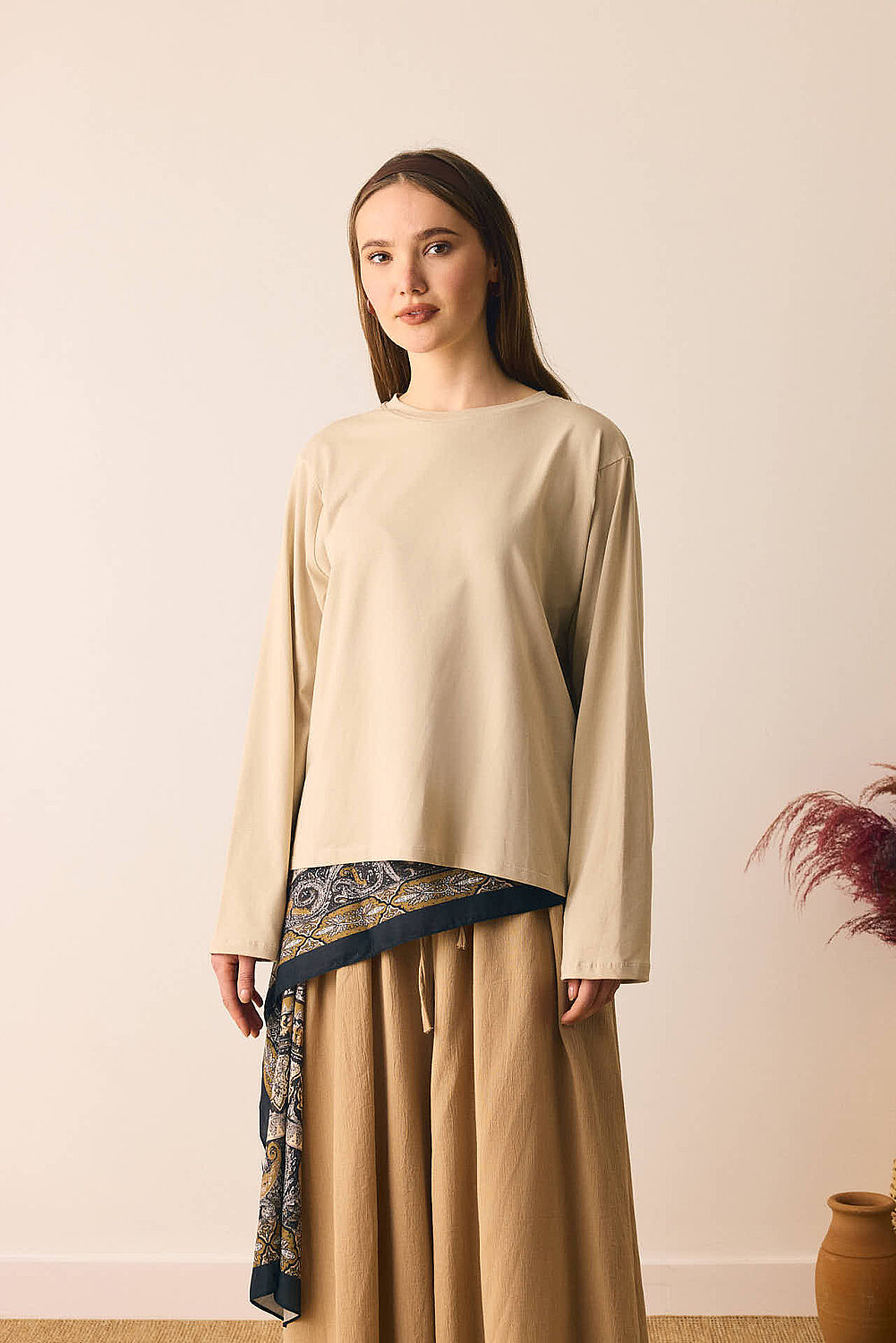 Pamuklu Uzun Kollu Tişört Bej - 5