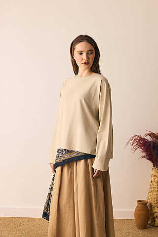 Pamuklu Uzun Kollu Tişört Bej - 6