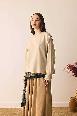 Pamuklu Uzun Kollu Tişört Bej - 7