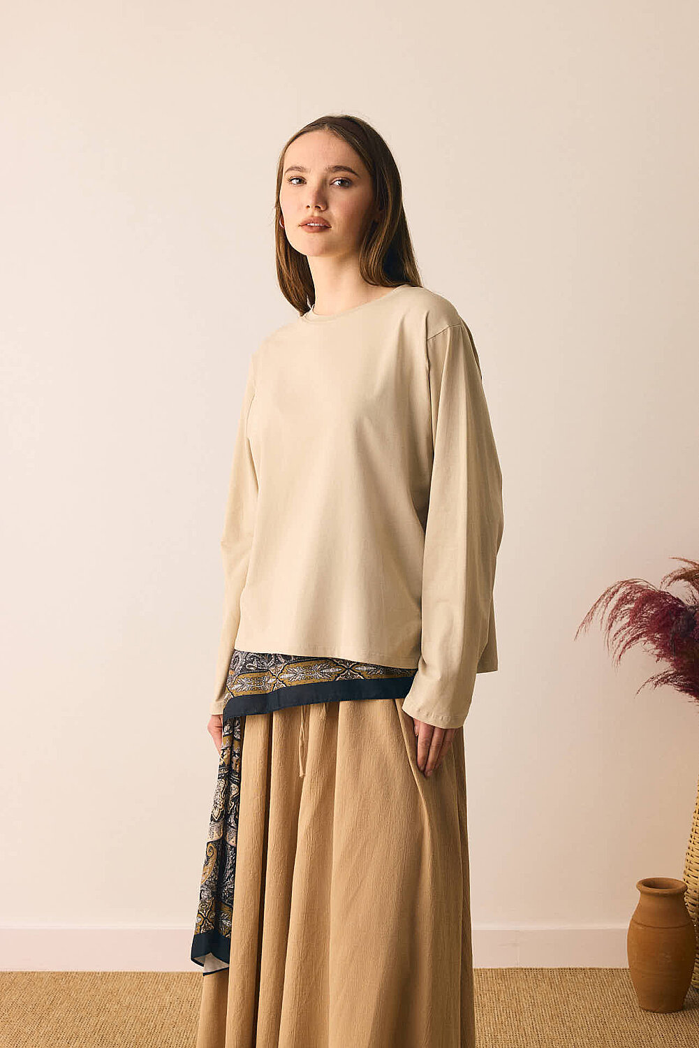 Pamuklu Uzun Kollu Tişört Bej - 7