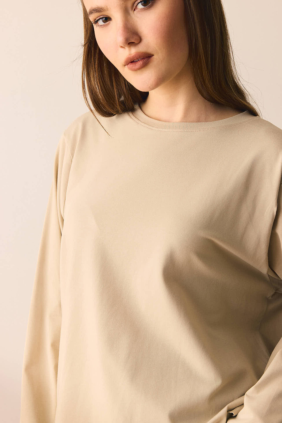 Pamuklu Uzun Kollu Tişört Bej