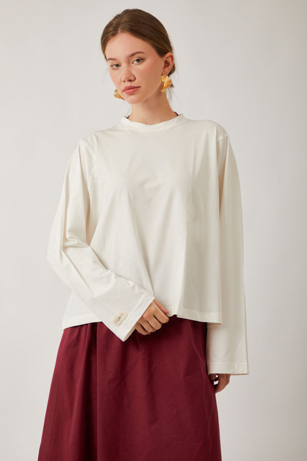 Pamuklu Uzun Kollu Tişört Beyaz - 1