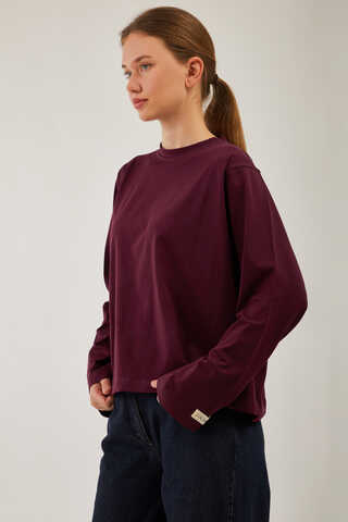 Pamuklu Uzun Kollu Tişört Bordo - 5