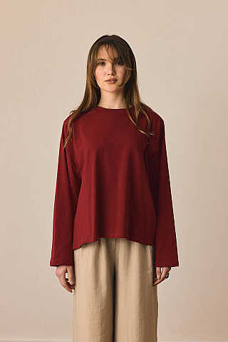 Pamuklu Uzun Kollu Tişört Bordo - 1