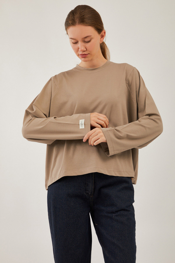Pamuklu Uzun Kollu Tişört Camel - 8
