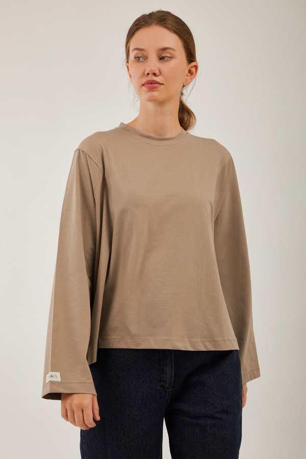 Pamuklu Uzun Kollu Tişört Camel - 4
