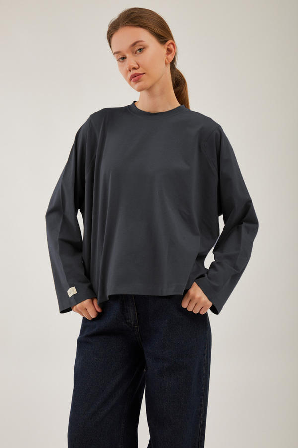 Pamuklu Uzun Kollu Tişört Füme - 1