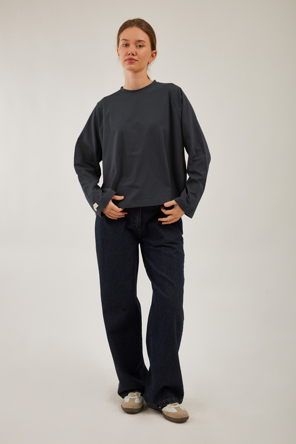 Pamuklu Uzun Kollu Tişört Füme - 3