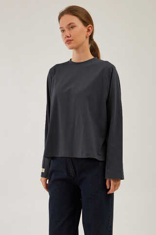 Pamuklu Uzun Kollu Tişört Füme - 9