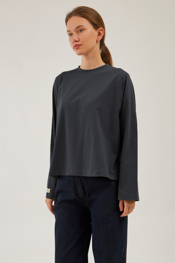 Pamuklu Uzun Kollu Tişört Füme - 9