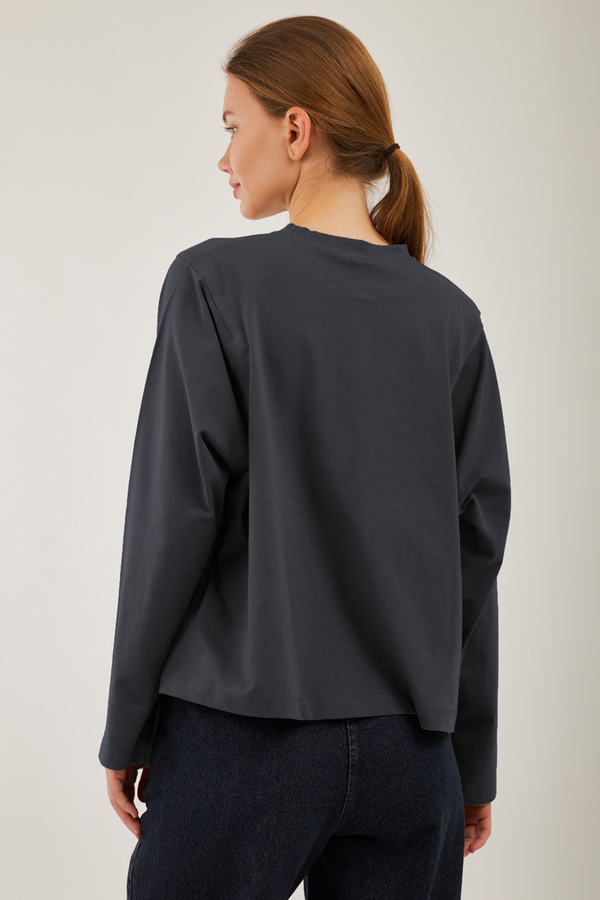 Pamuklu Uzun Kollu Tişört Füme - 10