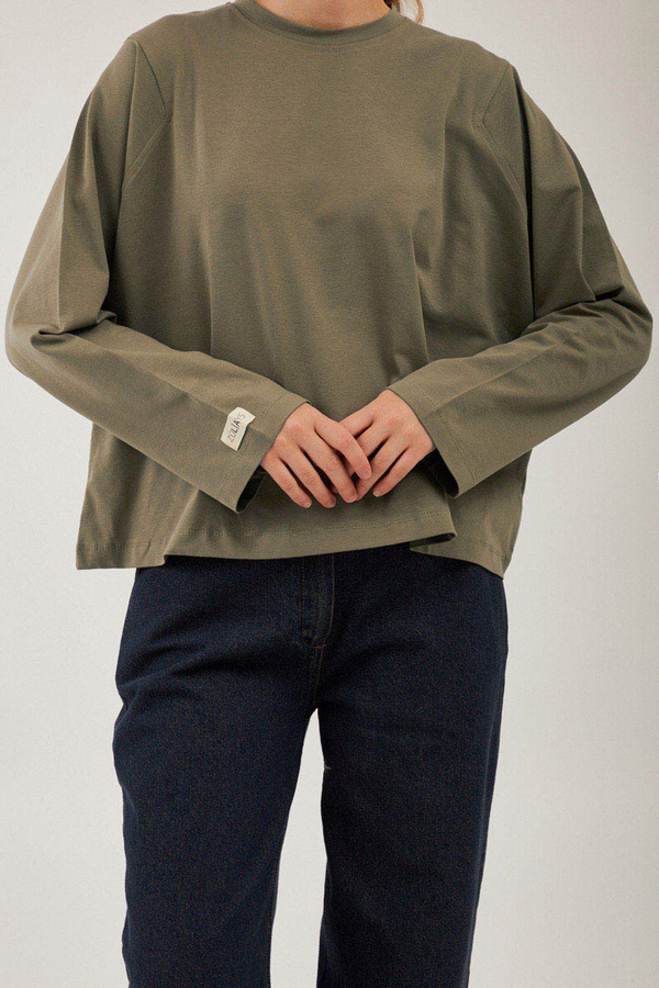 Pamuklu Uzun Kollu Tişört Haki - 4