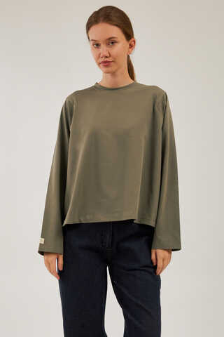 Pamuklu Uzun Kollu Tişört Haki - 1