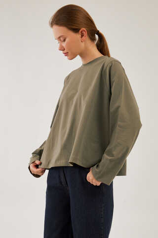 Pamuklu Uzun Kollu Tişört Haki - 10