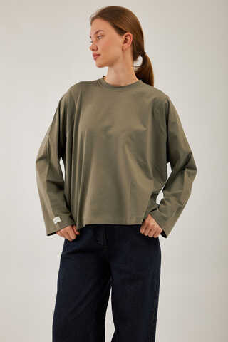 Pamuklu Uzun Kollu Tişört Haki - 7