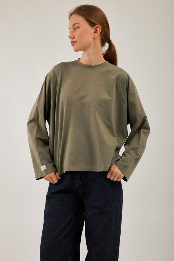 Pamuklu Uzun Kollu Tişört Haki - 7