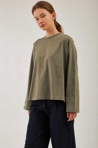 Pamuklu Uzun Kollu Tişört Haki - 6