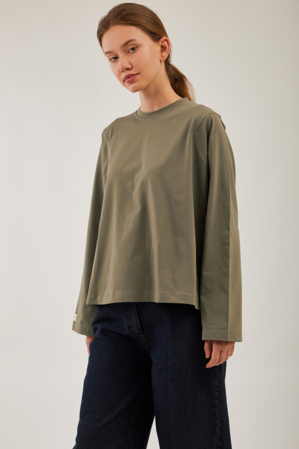 Pamuklu Uzun Kollu Tişört Haki - 6