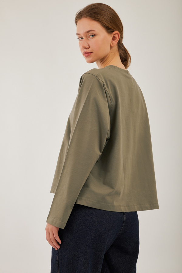 Pamuklu Uzun Kollu Tişört Haki - 11