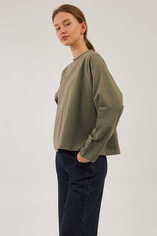 Pamuklu Uzun Kollu Tişört Haki - 5