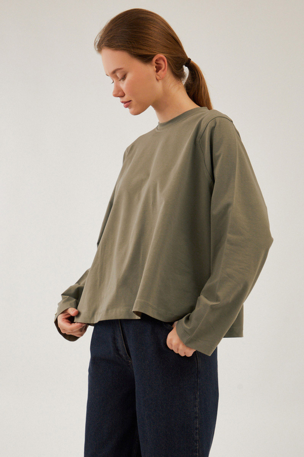 Pamuklu Uzun Kollu Tişört Haki - 10