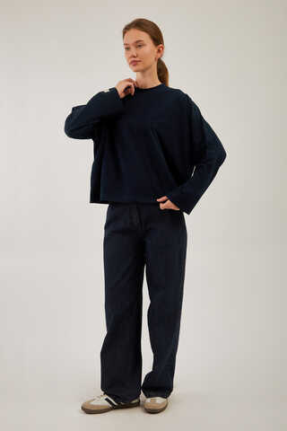 Pamuklu Uzun Kollu Tişört Lacivert - 1