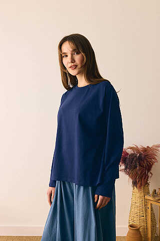 Pamuklu Uzun Kollu Tişört Lacivert - 5