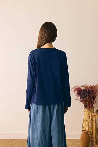 Pamuklu Uzun Kollu Tişört Lacivert - 7