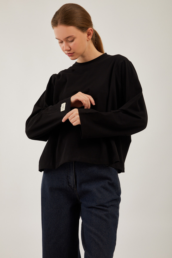 Pamuklu Uzun Kollu Tişört Siyah - 4