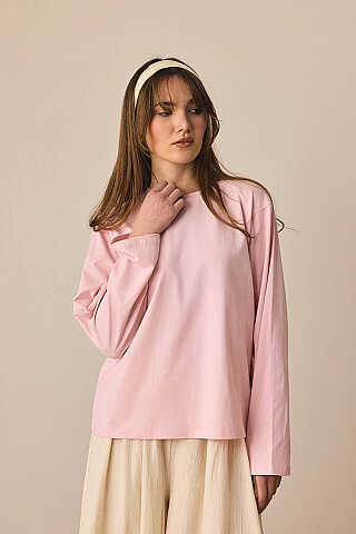 Pamuklu Uzun Kollu Tişört Toz Pembe - 1