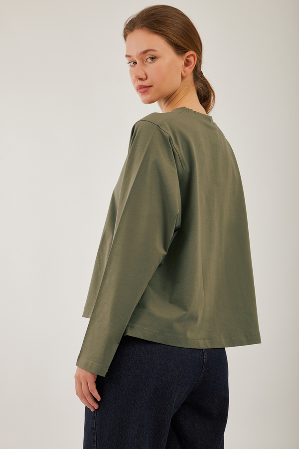 Pamuklu Uzun Kollu Tişört Yeşil - 4