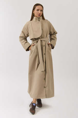Pamuklu Yüksek Yaka Düğmeli Trençkot Bej - 15