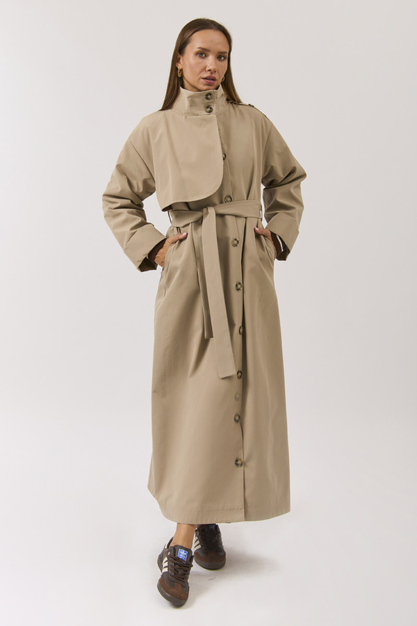 Pamuklu Yüksek Yaka Düğmeli Trençkot Bej - 15