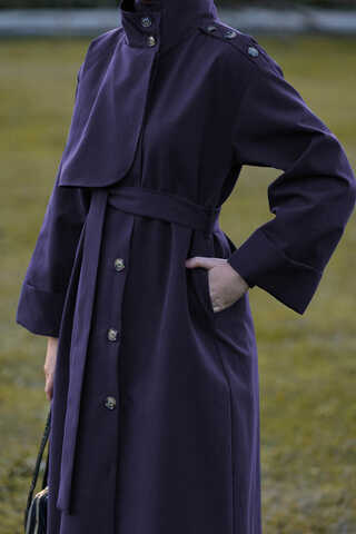 Pamuklu Yüksek Yaka Düğmeli Trençkot Lacivert - 4