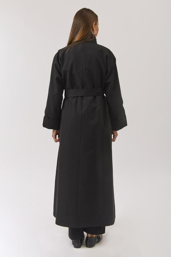 Pamuklu Yüksek Yaka Düğmeli Trençkot Siyah - 11