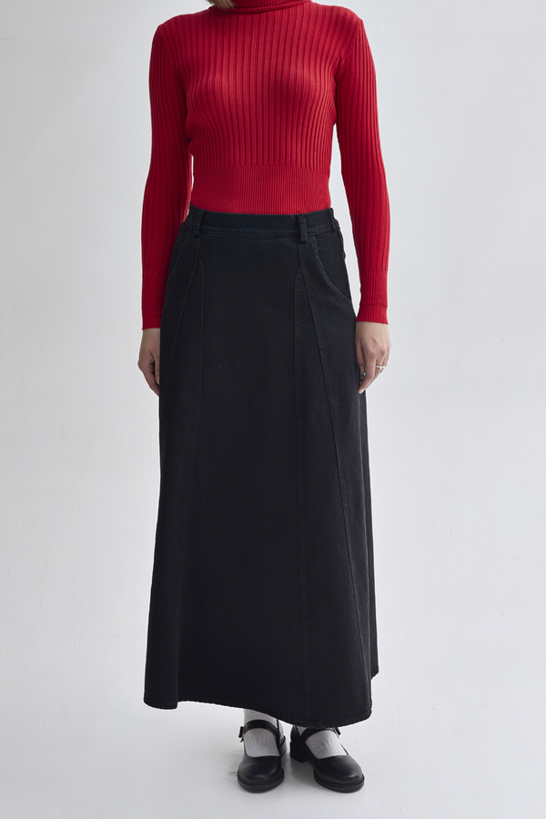 Panel Detailed Denim Skirt Black (1)