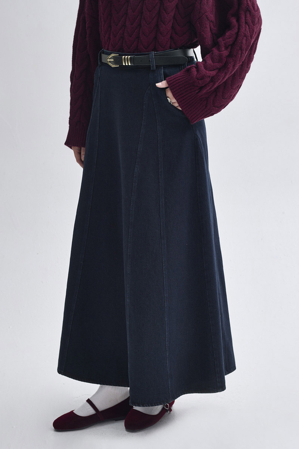Panel Detailed Denim Skirt Dark Blue  (1)