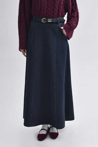 Panel Detailed Denim Skirt Dark Blue - 5